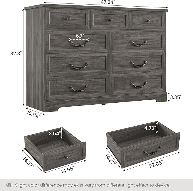 DICTAC Farmhouse 9 Drawers Dresser for Bedroom, Wide Dressers Chest of Drawers, Large Storage Closet Organizer with Natural Texture and Vintage Metal Handle, Wooden Dresser TV Stand for Living Room