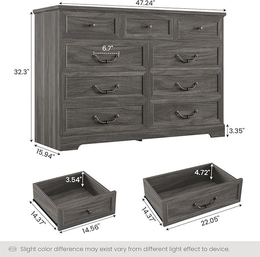 DICTAC Farmhouse 9 Drawers Dresser for Bedroom, Wide Dressers Chest of Drawers, Large Storage Closet Organizer with Natural Texture and Vintage Metal Handle, Wooden Dresser TV Stand for Living Room