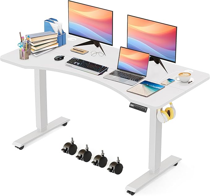 Electric Standing Desk 55x24 in with Wheels, Adjustable Height 27-46 in, Ergonomic Sit-Stand Desk with Curved Desktop and Smooth Motor, Spacious and Sturdy Workstation for Home Office(White