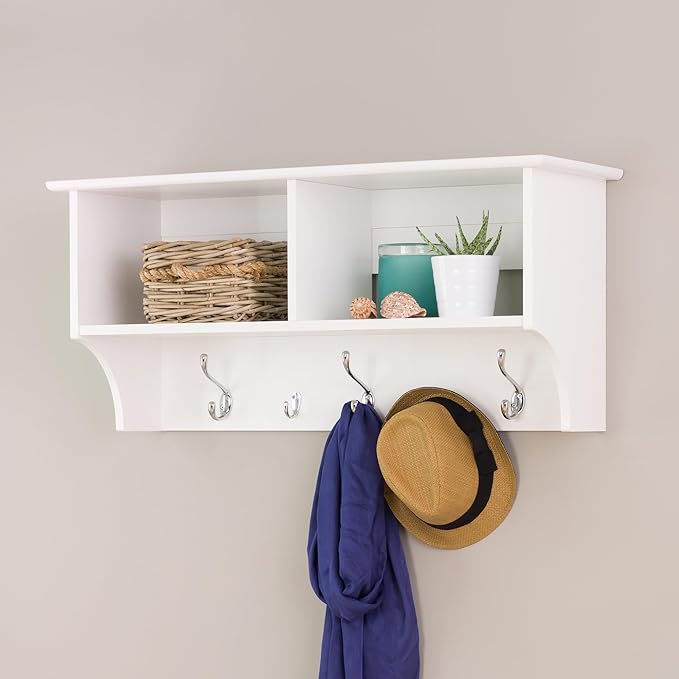 Prepac 36" Contemporary Wall Mounted Coat Rack, Coat Hooks Wall Mount with 2 Shelves, Ideal for Hallway or Entryway Storage Solution, 11.5"D x 36"W x 16.5"H, White