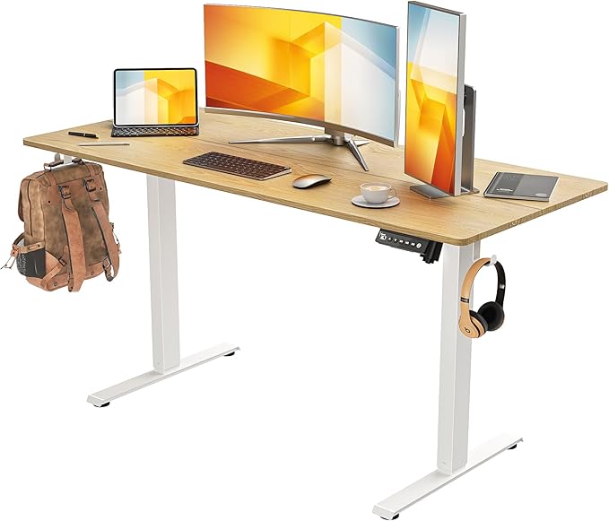 55 x 24 inch Electric Standing Desk Adjustable Height with 4 Wheels, 4 Memory Height Settings, 2 Headphone Hook, Home Office Desk, Splice Board Oak