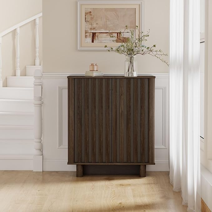 Sideboard Buffet Cabinet with Storage, Walnut Freestanding Floor Cabinet Farmhouse Sideboard with 2 Fluted Doors Wooden Hallway Cabinet Media Console Table Credenza for Living Room Dining Room, 3PCS