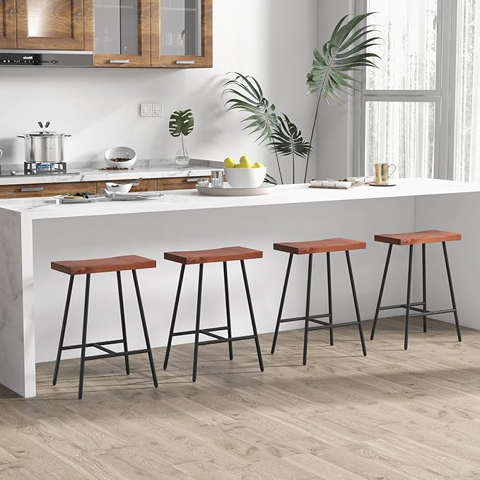 COSTWAY Industrial Bar Stools, 24-inch Backless Counter Height Saddle Stools with Footrest, Metal Legs, Adjustable Foot Pads, Barstools for Kitchen Island Cafe Restaurant, Walnut+Black (Set of 2)