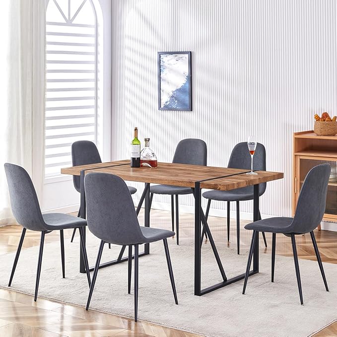 Dining Table Set for 6,Dinner Table Set for 6,55'' Kitchen Table and Suede Nap Fabic Chairs Set of 6,7 Piece Dining Table Set for Kitchen Dining Room