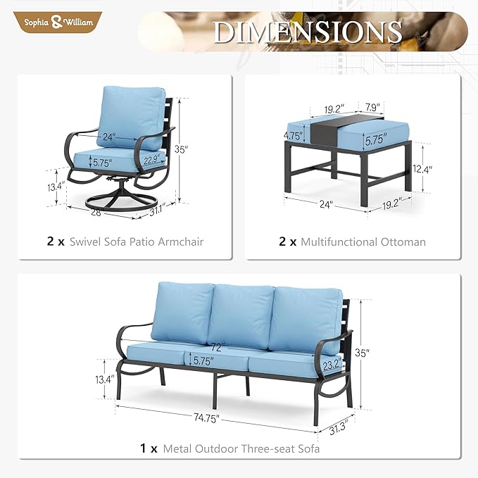 Sophia & William Patio Furniture Sets for 5 Outdoor Metal Conversation Sets 5 Pcs with 2 x Cushioned Swivel Sofa Chairs, 2 x Ottomans as Coffee Table, 1 x 3-Seat Sofa, Lawn Backyard Poolside Blue