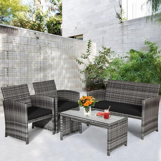 COSTWAY Patio Furniture Set 4 Pieces, Outdoor Wicker Chairs Sofa w/Coffee Table and Soft Cushions, Rattan Conversation Sets for Patio Lawn Backyard Yard Pool Garden, Black