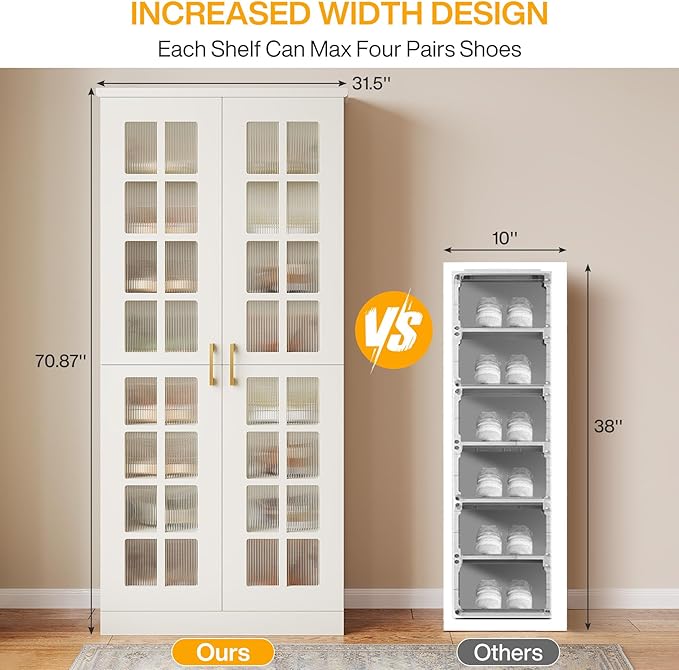 Tribesigns 70-Inch Tall Shoe Cabinet with Doors, 8-Tier Shoe Storage with Adjustable Shelves, Modern Shoe Organizer Shoe Rack Cabinet for Entryway, Hallway, Closet, Living Room, White and Gold
