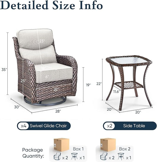 Belord Luxury 6" Thick Cushioned Outdoor Swivel Rocker Patio Chairs Set of 4 with Side Table, High Back Wicker Furniture Set with Ergonomic Zone Back, Conversation Set for Deck Porch - Brown+Beige