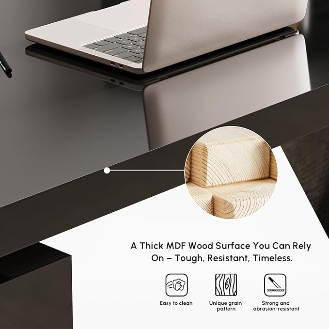 homary 70.9" Modern L-Shape Executive Desk, Home Office Desk with Drawers & Cabinet Modern Computer Desk for Home Business Furniture, Black, Right Hand
