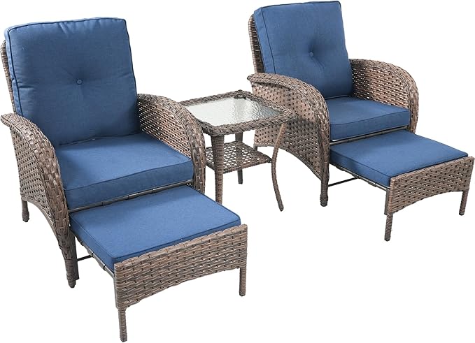 Rilyson 5 Piece Patio Furniture Set - Wicker Balcony Furniture Set with Hidden Ottomans, Rattan Outdoor Patio Chairs with Side Table for Porch Deck Poolside Garden Brown/Blue