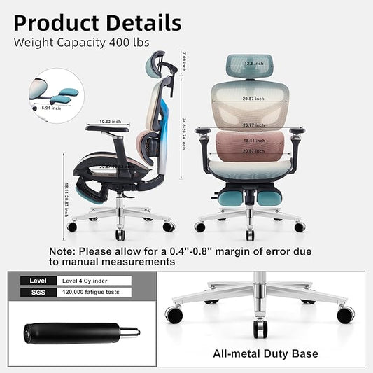 Ergonomic Home Office Desk Chair with Massage Lumbar Support,4D Headrest & 5D Armrests, Reclining Big and Tall 400LBS Mesh Chair with Footrest,Adjustable Back High and Seat Depth (Black Rainbow)