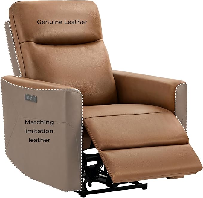CHITA Genuine Leather Power Recliner Chair for Adults, Electric Wall Hugger Recliner for Small Spaces, Modern Living Room and RV Recliner Chair with Adjustable Power Headrest & Charging Ports, Brown