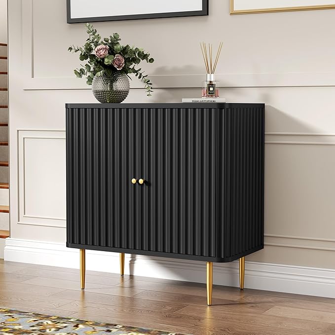 HLR Sideboard Buffet Cabinet with Fluted Texture, White Accent Cabinet with 2 Doors, Modern Credenza Storage for Kitchen Living Room, Entryway (Black, 2Piece)