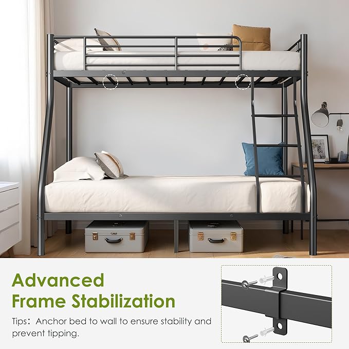 Bunk Beds Twin Over Full Size, Heavy Duty Bunk Beds with Bottom Space & Guardrail Metal Bunk Bed Frame for Adults Dorm Bedroom Guest Room, No Box Spring Needed(Upgrate Black)