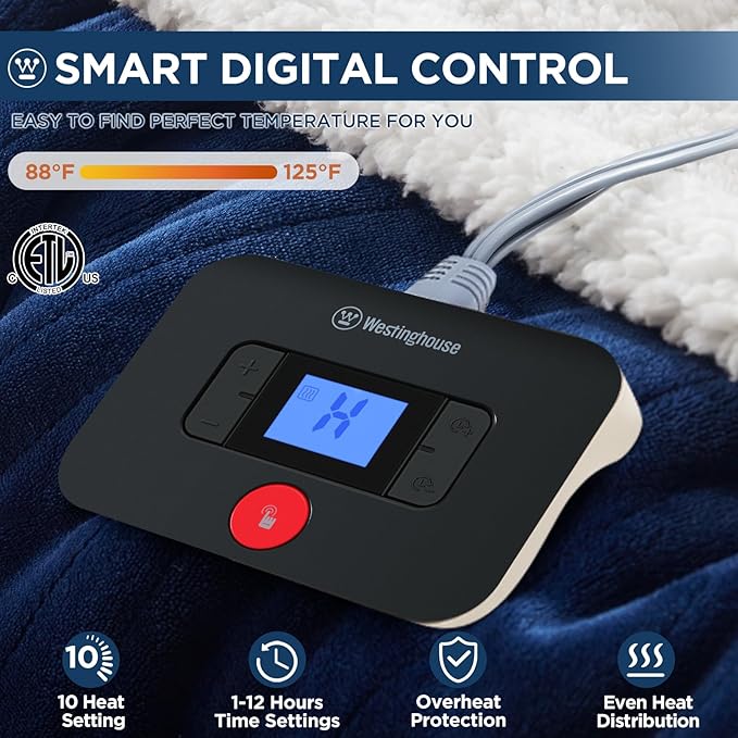 Westinghouse Electric Blanket Twin, Heated Blanket Twin Size with 10 Heating Levels and 1 to 12 Hours Heating Time Settings, Flannel to Sherpa Reversible, Machine Washable (62" x 84", Navy)