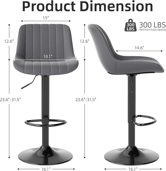 Youhauchair Bar Stools Set of 3, Swivel Counter Height Barstools with Back, Adjustable PU Leather Bar Chairs, Modern Armless Kitchen Island Stool, Dark Grey