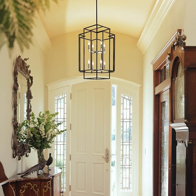High Ceiling Foyer Chandelier: 8-Light Farmhouse Lantern Chandeliers for Entryway Industrial Large Pendant Light Fixtures for Entry Staircase Hallway Dining Room Kitchen Island, Black & Silver