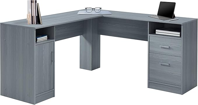 Techni Mobili Functional L-Shaped Computer Desk with storage, L is 59.5" wide x 59.5" Long, Grey