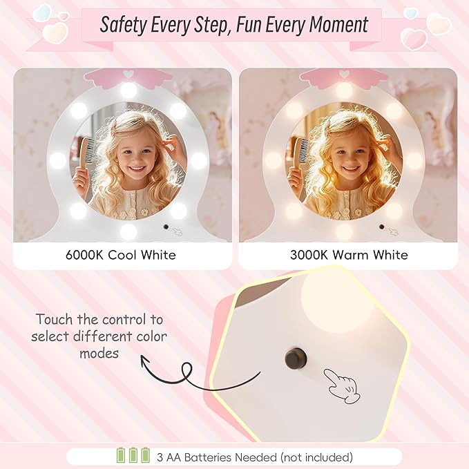 TOLEAD Girls Vanity with Lights, Mirror and Stool, Kids Make Up Vanity Set with Storage Space, Wing Pattern for Little Girls, Toddler Princess Makeup Dressing Table with Chair Set, White
