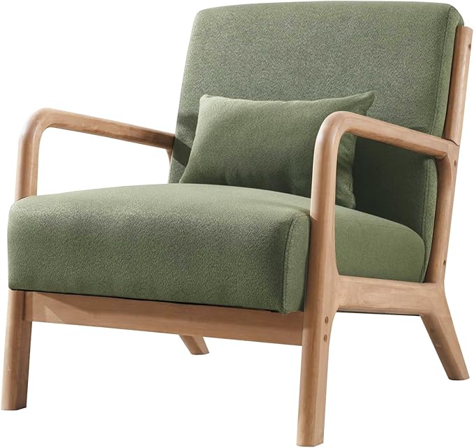 ANJ ANJHOME Mid Century Modern Accent Chair, Comfy Fabric Reading Chair with Solid Wood Frame, Easy Assembly Armchair for Living Room Blackish Green