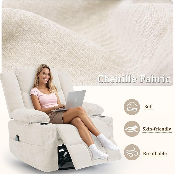 360° Swivel Rocker Recliner for Adults, Nursery Glider Recliner with Massage and Heating, Rocking Chair with Cup Holder, Manual Recliner Chair for Living Room, Bedroom (Fabric, Beige)