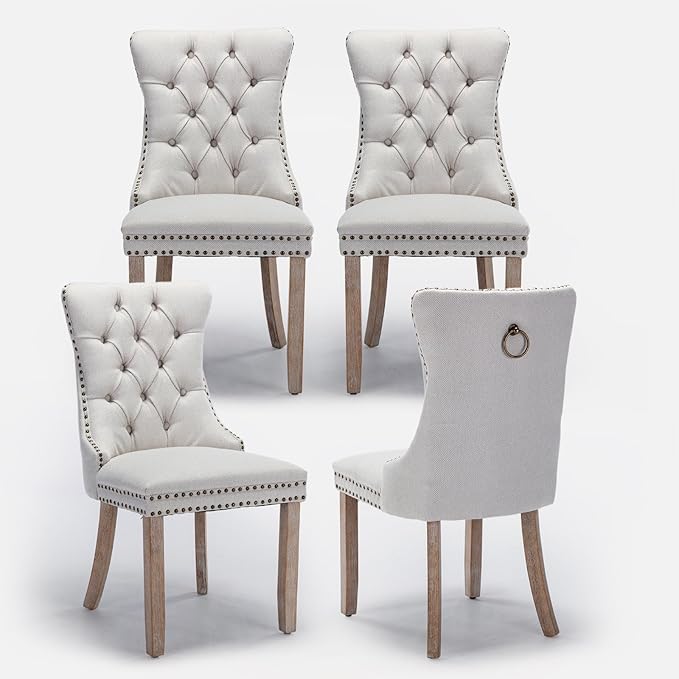 Linen Upholstered Dining Chairs Set of 4, Modern Style Kitchen Side Chairs with Nailhead Trim and Wood Leg, Metal Pulling Ring for Dining Room Living Room(Beige,Set of 4)