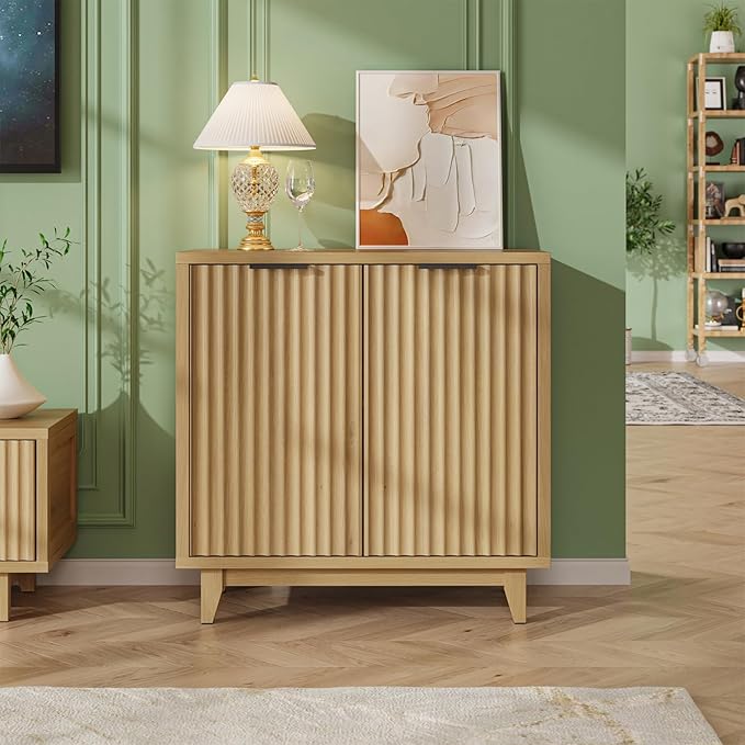 Fluted Cabinet with Storage, 2 Doors Sideboard Buffet, Mid Century Modern Accent Cabinet with Adjustable Shelves, Multifunctional Console Table with Storage for Living Room, Kitchen, Entryway