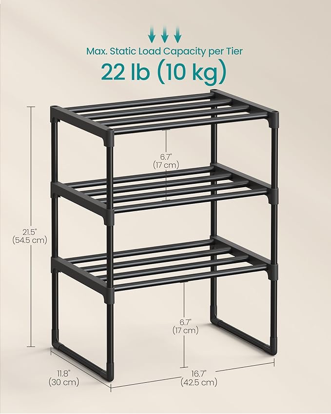 SONGMICS Shoe Rack, 3-Tier Shoe Organizer, Metal Storage Shelf, Upright or Upside Down, for 4-8 Pairs, Stackable, for Entryway, 11.8 x 16.7 x 21.5 Inches, Black ULSA003B01