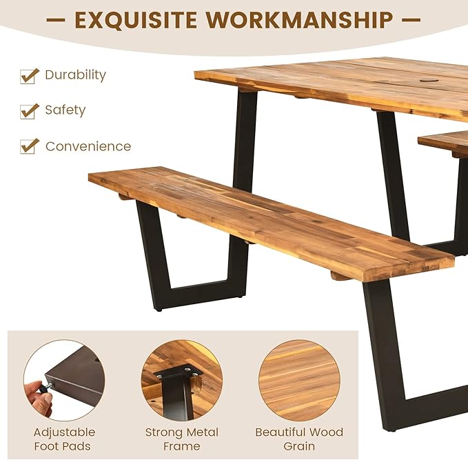 COSTWAY Acacia Wood Picnic Table, 70” Tabletop with Umbrella Hole, Strong Metal Frame, 6 Person Outdoor Picnic Table Bench Set for Patio, BBQ, Dining