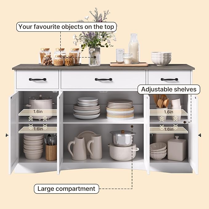 Gizoon Sideboard Buffet Cabinet with Storage, Modern Kitchen Sideboard and Coffee Bar with Drawers and Doors, Wood Buffet Table for Dining Room, 15.2" D x 55.1" W x 31.9" H, White/Grey