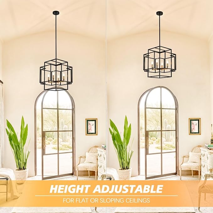 WJShome High Ceiling Foyer Chandelier: 4-Light Farmhouse Lantern Chandeliers for Entryway Industrial Large Pendant Light Fixtures for Entry Staircase Hallway Dining Room Kitchen Island, Black & Gold