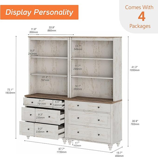 WAMPAT 3 Tier Bookshelf with 3 Drawers, 72" Tall Bookcase Large Farmhouse Display Book Case Shelf with 3-Tier Open Book Shelfs,Library Wood Bookshelves for Living Room,Kitchen, Rustic White (2PCS)