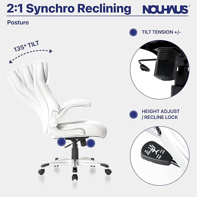 Nouhaus +Posture Ergonomic PU Leather Office Chair. Click5 Lumbar Support with FlipAdjust Armrests. Modern Executive Chair and Computer Desk Chair (White)