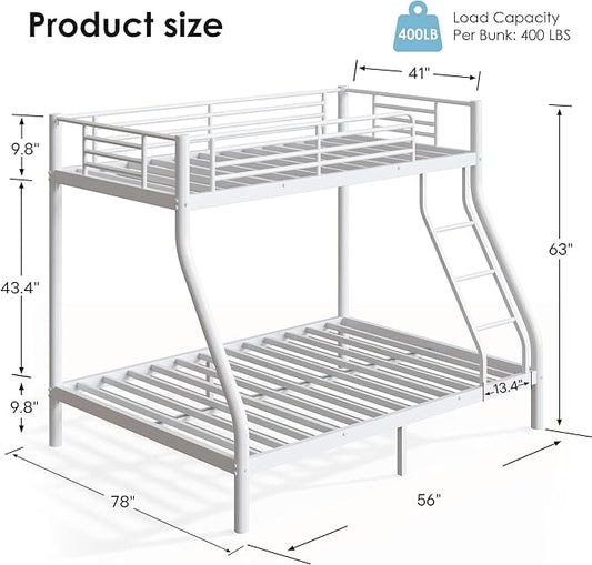 Bunk Beds Twin Over Full Size with 6" Mattresses Included, All-in-One Bunk Bed for Kids/Adults, Heavy Duty Sturdy Frame with Ladder Guardrail, With Memory Foam Mattress, Easy Assembly(White)