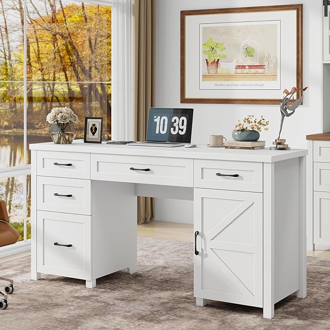 Farmhouse 61'' Executive Desk with 5 Drawers, Rustic Office Desk Computer Desk with Charging Station, File Drawers and Storage Cabinet, Wood Workstation for Study and Home Office,(Cream White.)