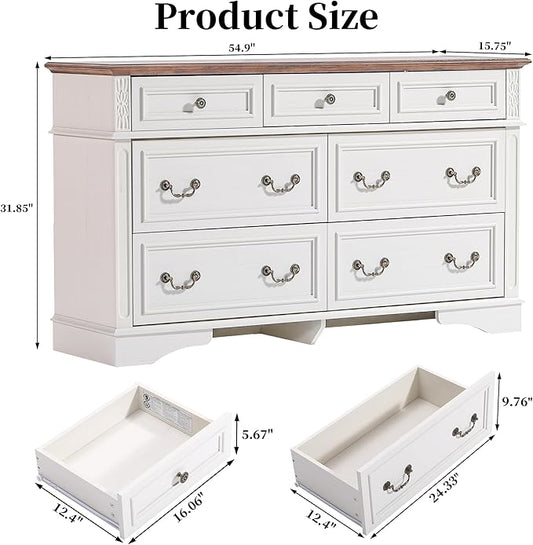 Dresser for Bedroom with 7 Drawers, 55" Wide Dresser for Storage and Organization, Farmhouse Chest of Drawers for Living Room, Closet, Hallway, White