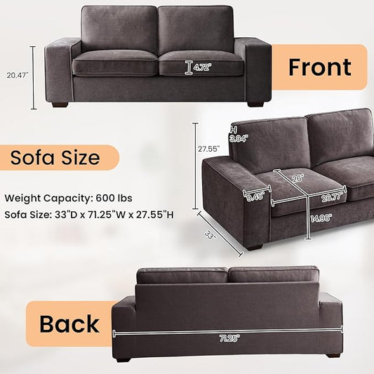 RISAR 71.25" Modern Loveseat Sofa for Living Room, Chenille Couch with Removable Cover & Spring Cushions, Solid Wood Frame, Easy Assembly for Small Spaces (Dark Gray)