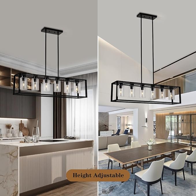 Farmhouse Dining Room Light Fixture Kitchen Island 6-Light Pendant Lighting, Adjustable Rectangle Black Contemporary Chandeliers with Glass Shade (6 Light)