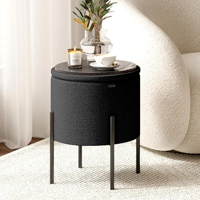 STORAGEBUD Round Ottoman with Storage, Boucle Storage Foot Stool, Makeup Vanity Stool, Small Ottoman Foot Rest, Modern Ottomans for Living Room and Bedroom, Black