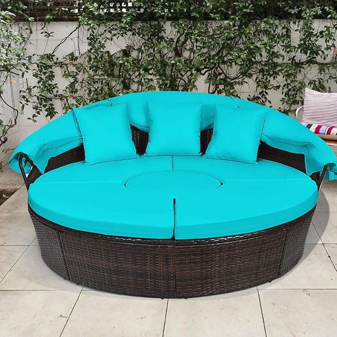 COSTWAY Patio Round Daybed with Retractable Canopy, Wicker Furniture Sectional Couch with Separate Cushioned Seats, Adjustable Table Top, Patio Rattan Daybed Sofa for Poolside, Turquoise