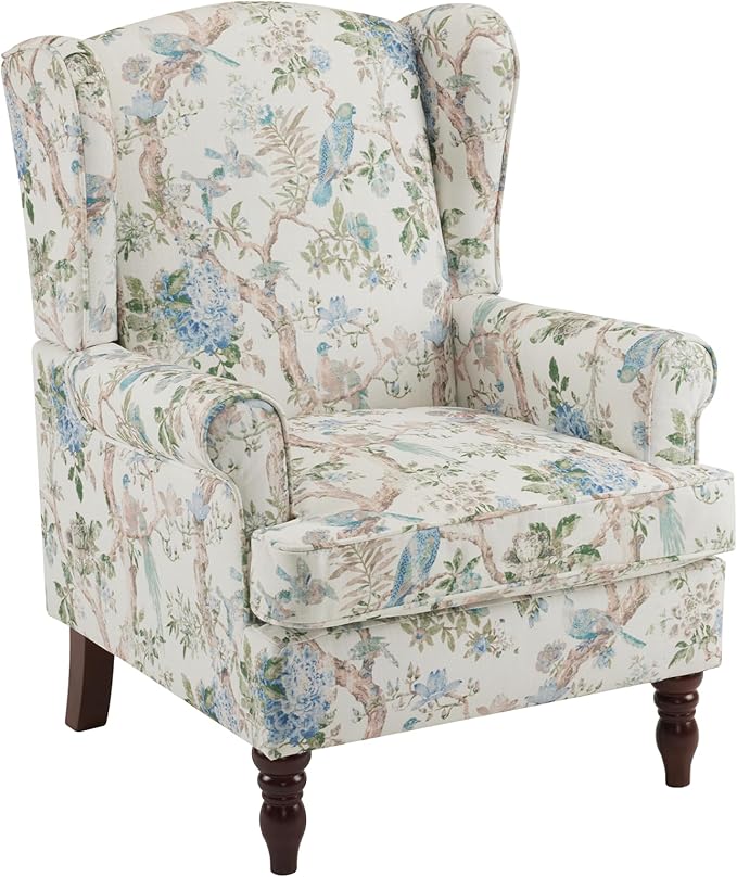 MELLCOM Floral Accent Chair, High Back Upholstered Armchair with Solid Legs, Leisure Single Sofa Chair for Living Room, Bedroom, Home Office, Light Blue Floral&Bird
