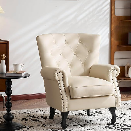Modern Faux Leather Accent Chair, Upholstered Mid-Century Armchair with Solid Wood Legs, Single Sofa Chair for Living Room, Bedroom, or Reading Room(Ivory White)