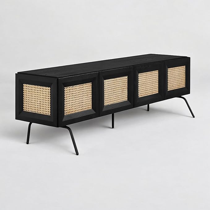 NTC Mossic TV Media Cabinet with 4 Doors for TVs, Entertainment Center with Natural Rattan, Metal Legs, Modern Storage Console for Living Room and Bedroom, Effortless Assembly, Burnt Black