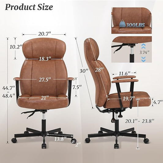 High Back Office Desk Chair, Breathable Ergonomic Leather Chair with 5-Layer Seat Cushion with 135°Reclining Lumbar Support Adjustable Height Rolling Swivel Executive Armrests Chair, Brown