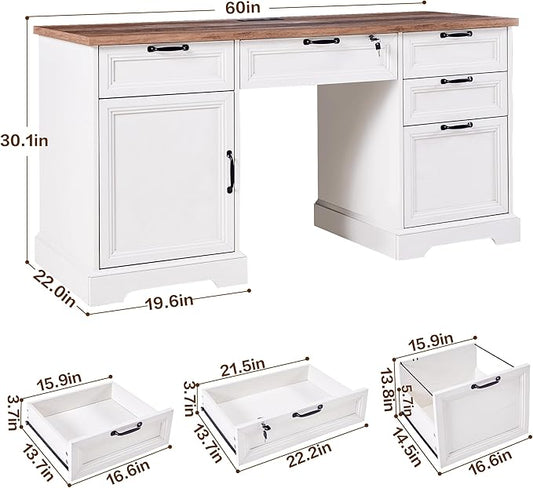 60" Farmhouse Executive Desk with Lock,Home Office Desk with Charging Station,Executive Desk with 4 Drawers & 1 Cabinet&1 File Cabinet for Office and Home