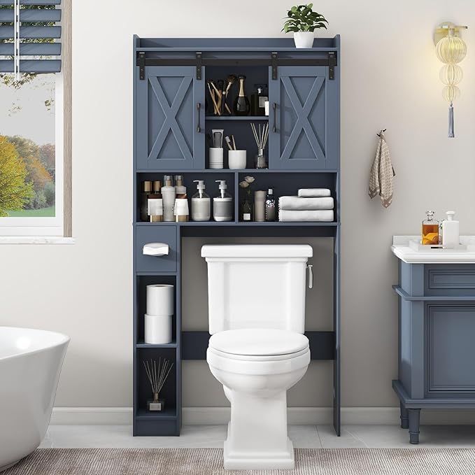 Vabches Over The Toilet Storage Cabinet, Farmhouse Storage Cabinet Over Toilet with Sliding Doors,Home Space-Saving Toilet Rack, for Bathroom, Restroom, Laundry