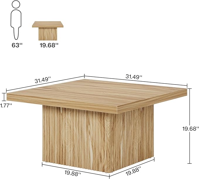Tribesigns Square Coffee Table, 31.5-Inch Fluted Coffee Table, Mid-Century Modern Living Room Table, Large Cocktail Table for Living Room, Easy Assembly, Oak