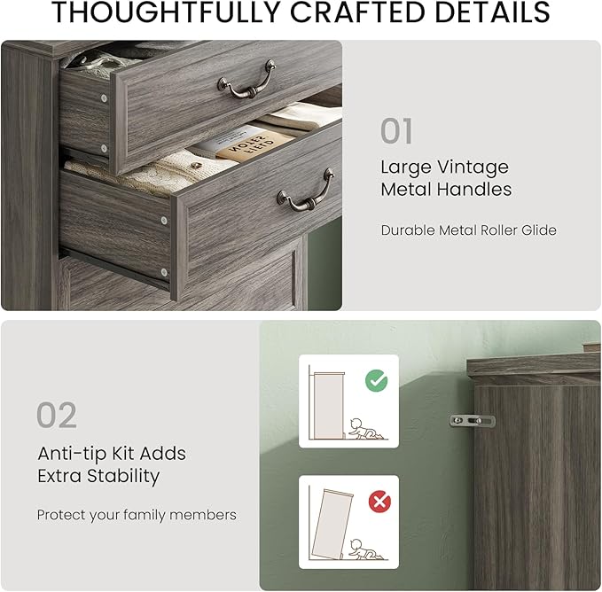 DICTAC Farmhouse 6 Drawers Dresser for Bedroom, 48.2" Tall Dressers Chest of Drawer, Large Storage Closet Organizer with Natural Texture and Vintage Metal Handle, Wooden Vertical Dresser for Hallway