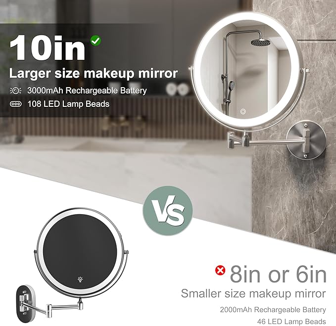 Hasipu 10-Inch Wall Mounted Makeup Mirror with Magnification, Rechargeable 3000 mAh Vanity Mirror with Lights, Bathroom Mirror with Dimmable Brightness, 3 Lighting Modes, Extendable Arm, Nickel