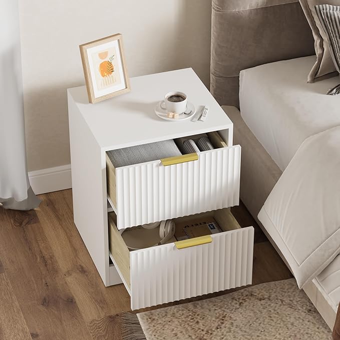 3-Piece Modern Bedroom Furniture Set, Wide 6-Drawer Dresser & 2-Drawer Nightstands Set of 2, Natural Wood Dresser and Nightstand Sets for Bedroom, Hallway, White